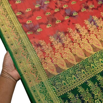 Indian Vintage Green & Orange Heavy Wedding Saree Pure Satin Silk Woven Brocade Banarasi Sarees Sari Fabric Golden Zari 5Yd