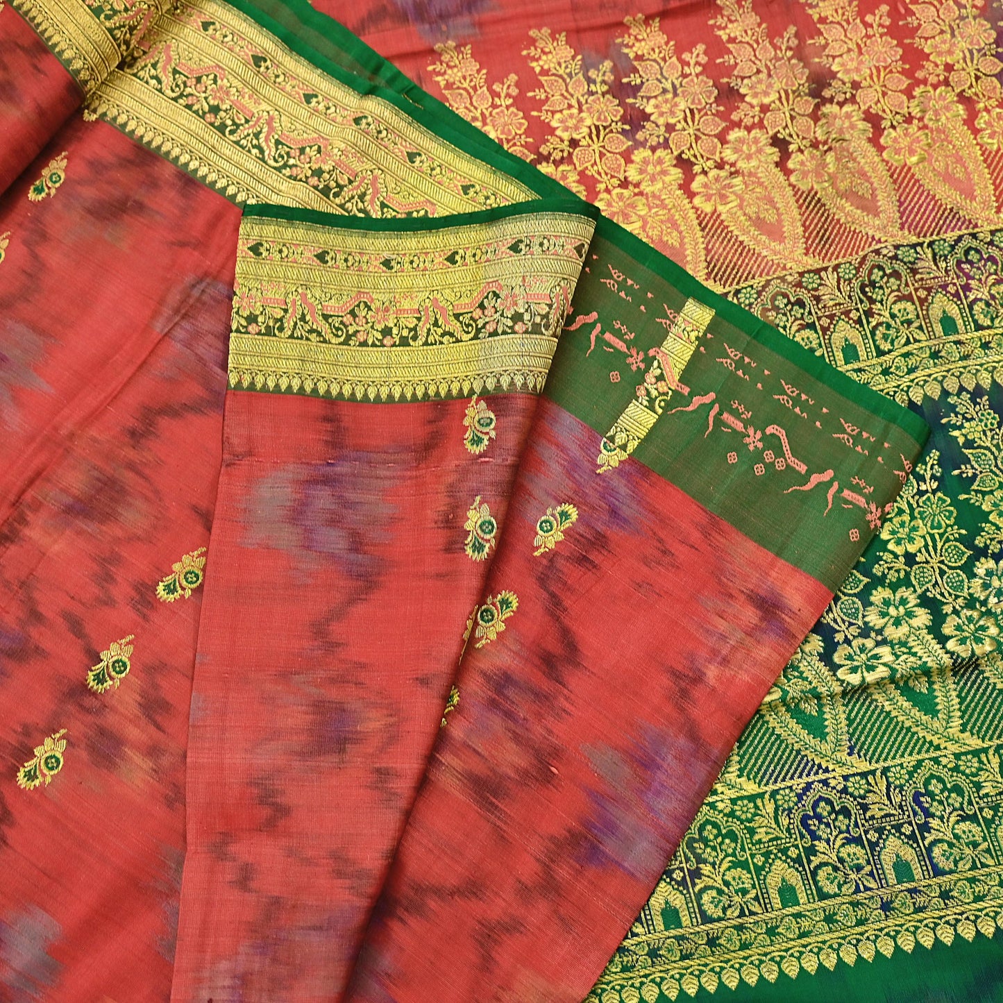 Indian Vintage Green & Orange Heavy Wedding Saree Pure Satin Silk Woven Brocade Banarasi Sarees Sari Fabric Golden Zari 5Yd