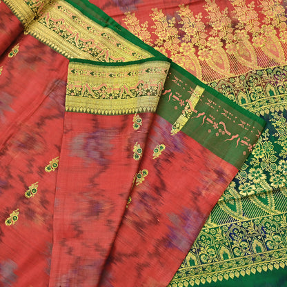 Indian Vintage Green & Orange Heavy Wedding Saree Pure Satin Silk Woven Brocade Banarasi Sarees Sari Fabric Golden Zari 5Yd