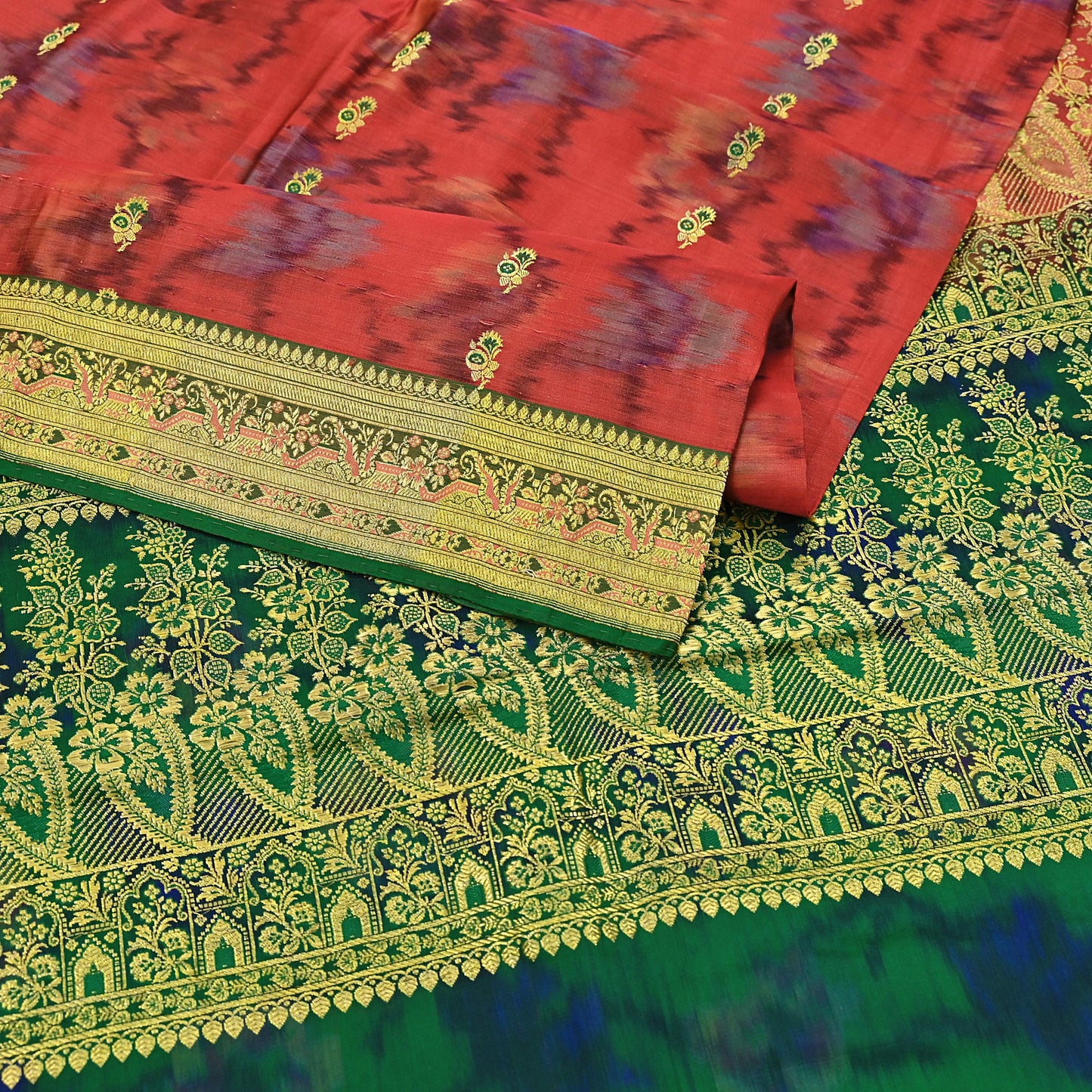 Indian Vintage Green & Orange Heavy Wedding Saree Pure Satin Silk Woven Brocade Banarasi Sarees Sari Fabric Golden Zari 5Yd