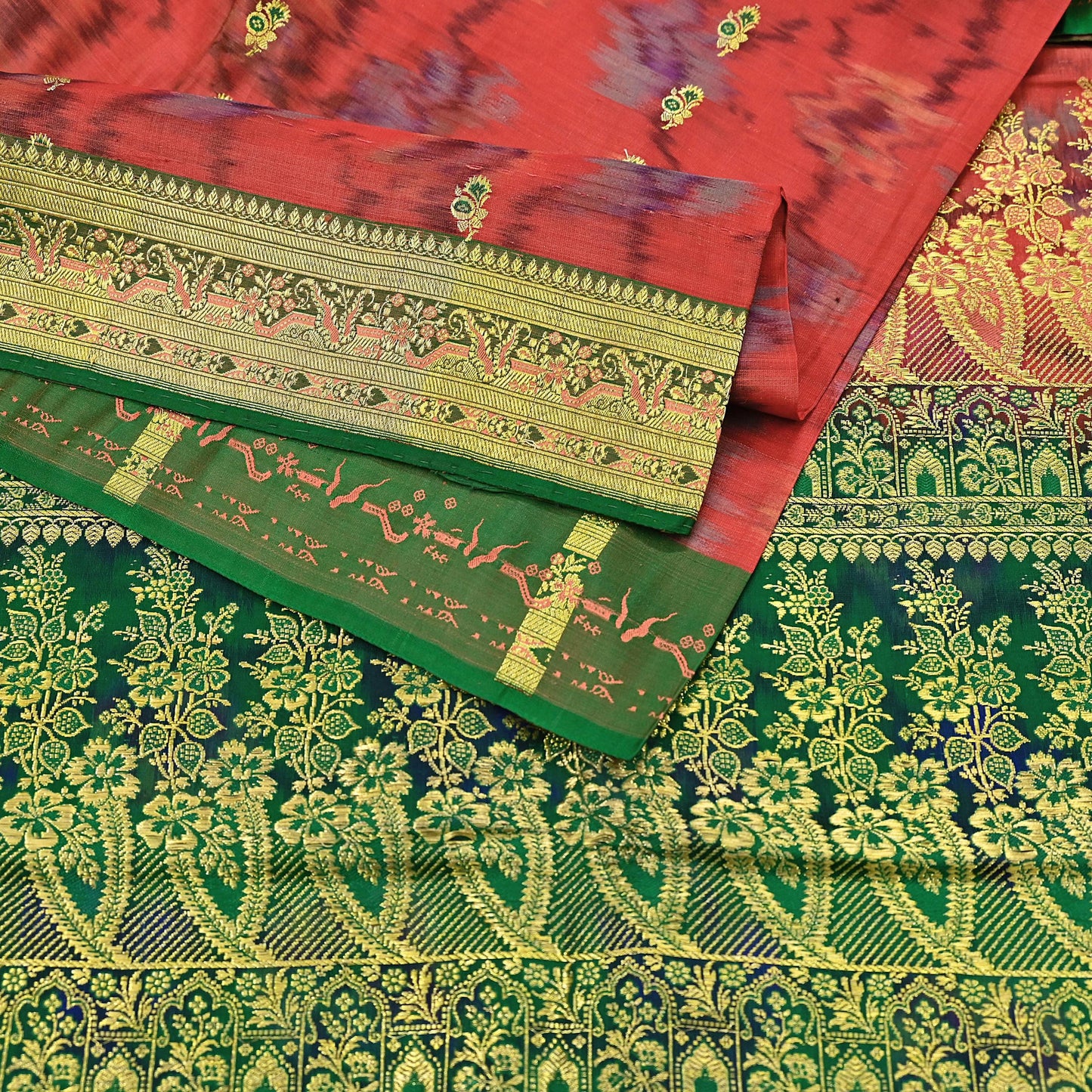 Indian Vintage Green & Orange Heavy Wedding Saree Pure Satin Silk Woven Brocade Banarasi Sarees Sari Fabric Golden Zari 5Yd