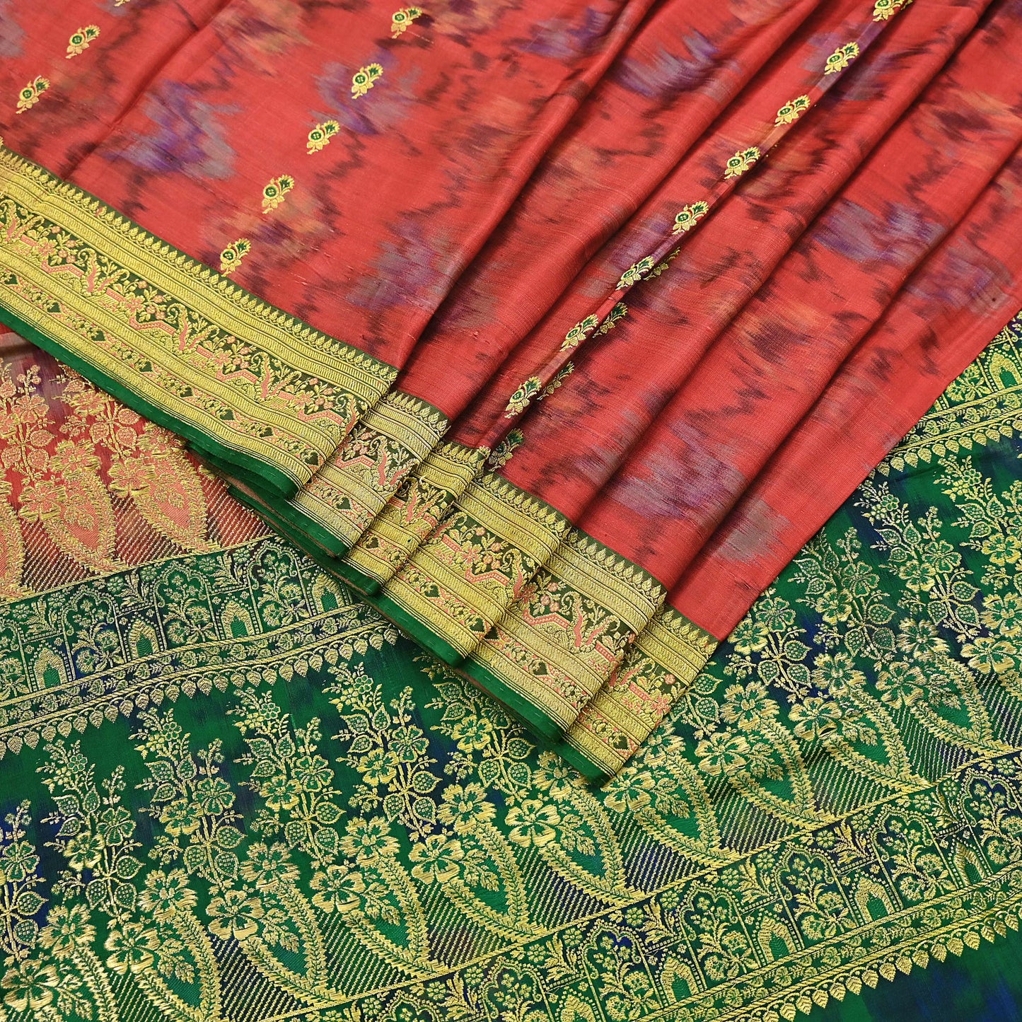 Indian Vintage Green & Orange Heavy Wedding Saree Pure Satin Silk Woven Brocade Banarasi Sarees Sari Fabric Golden Zari 5Yd