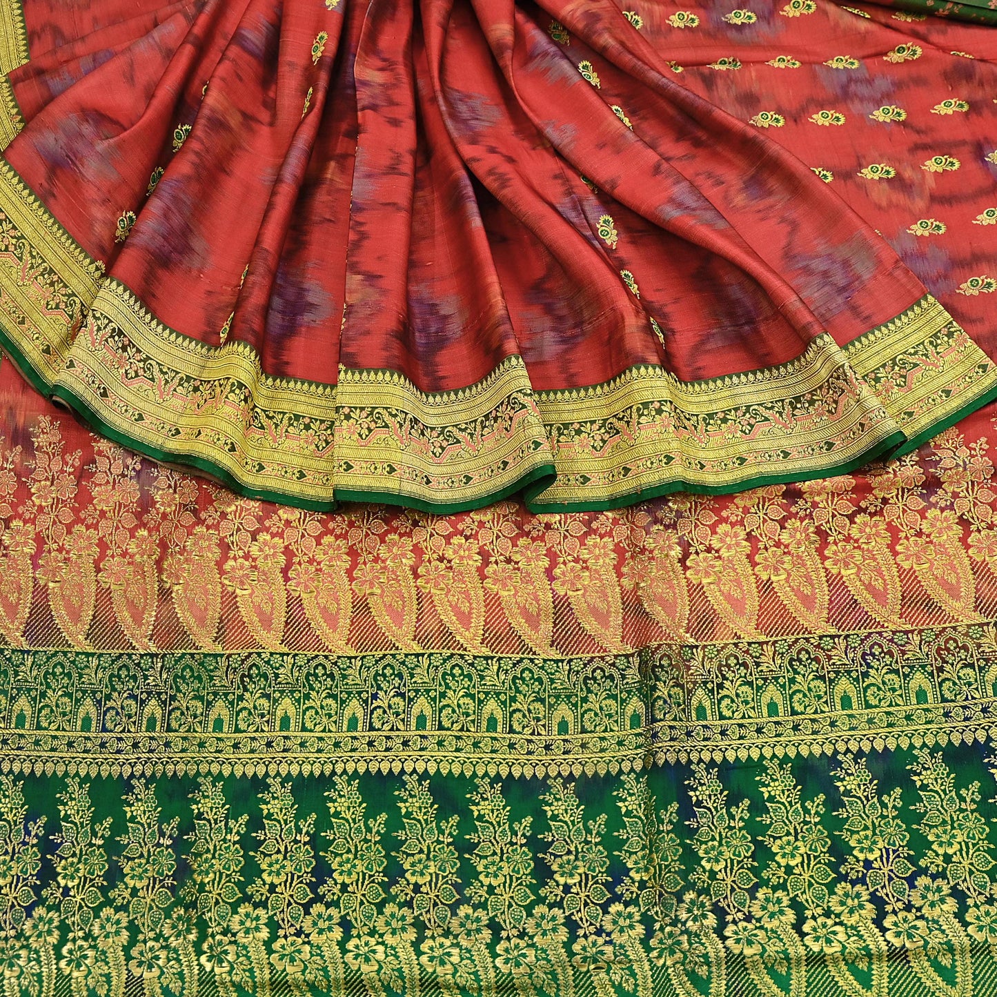 Indian Vintage Green & Orange Heavy Wedding Saree Pure Satin Silk Woven Brocade Banarasi Sarees Sari Fabric Golden Zari 5Yd