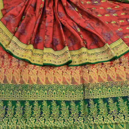 Indian Vintage Green & Orange Heavy Wedding Saree Pure Satin Silk Woven Brocade Banarasi Sarees Sari Fabric Golden Zari 5Yd