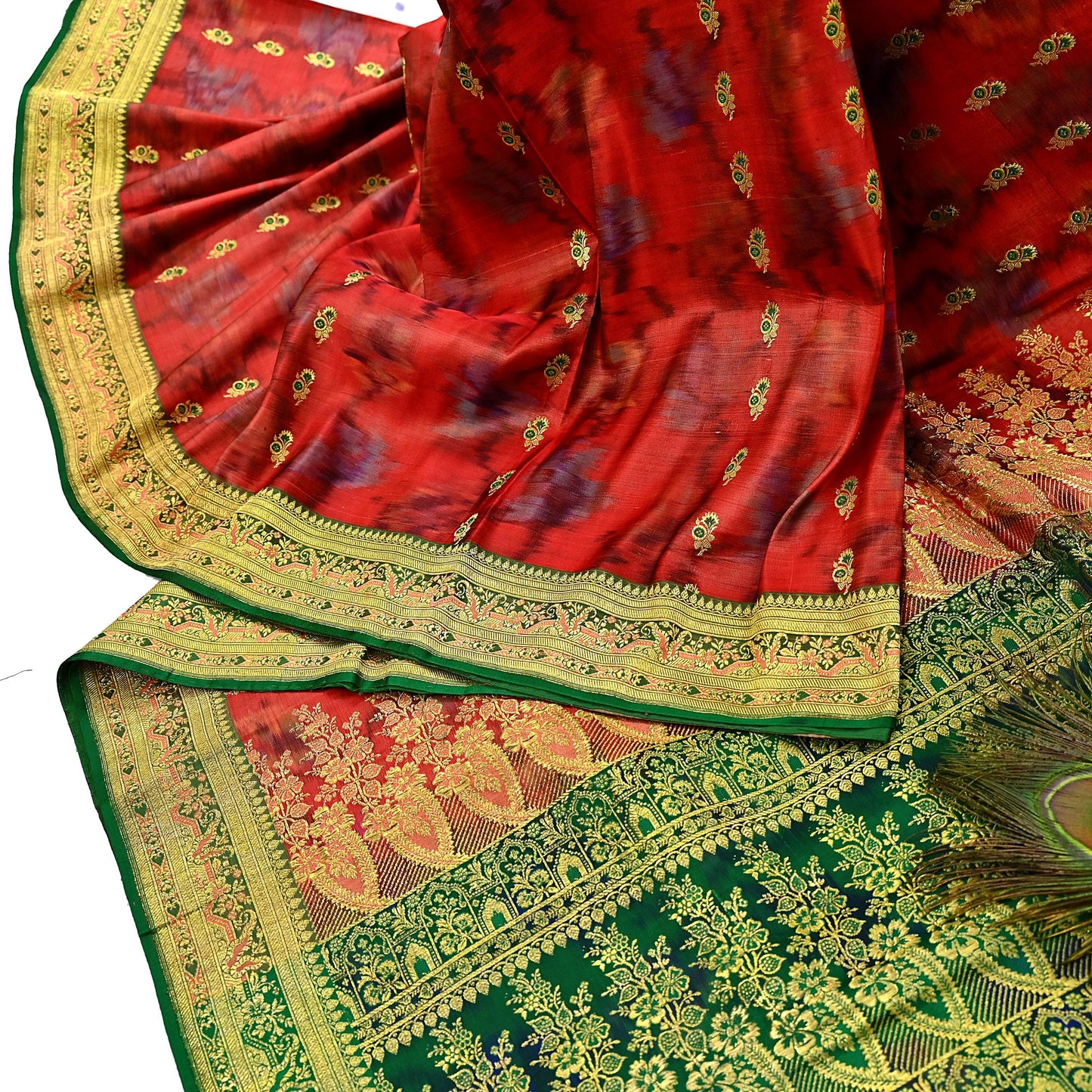 Indian Vintage Green & Orange Heavy Wedding Saree Pure Satin Silk Woven Brocade Banarasi Sarees Sari Fabric Golden Zari 5Yd