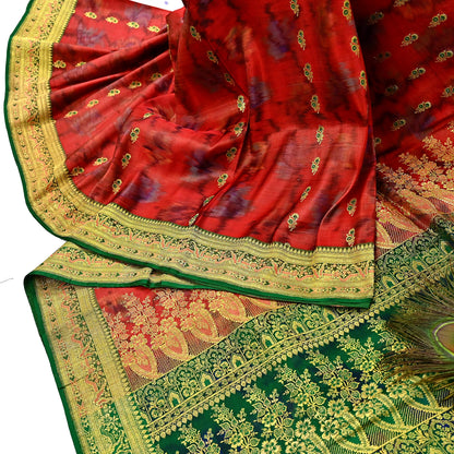 Indian Vintage Green & Orange Heavy Wedding Saree Pure Satin Silk Woven Brocade Banarasi Sarees Sari Fabric Golden Zari 5Yd