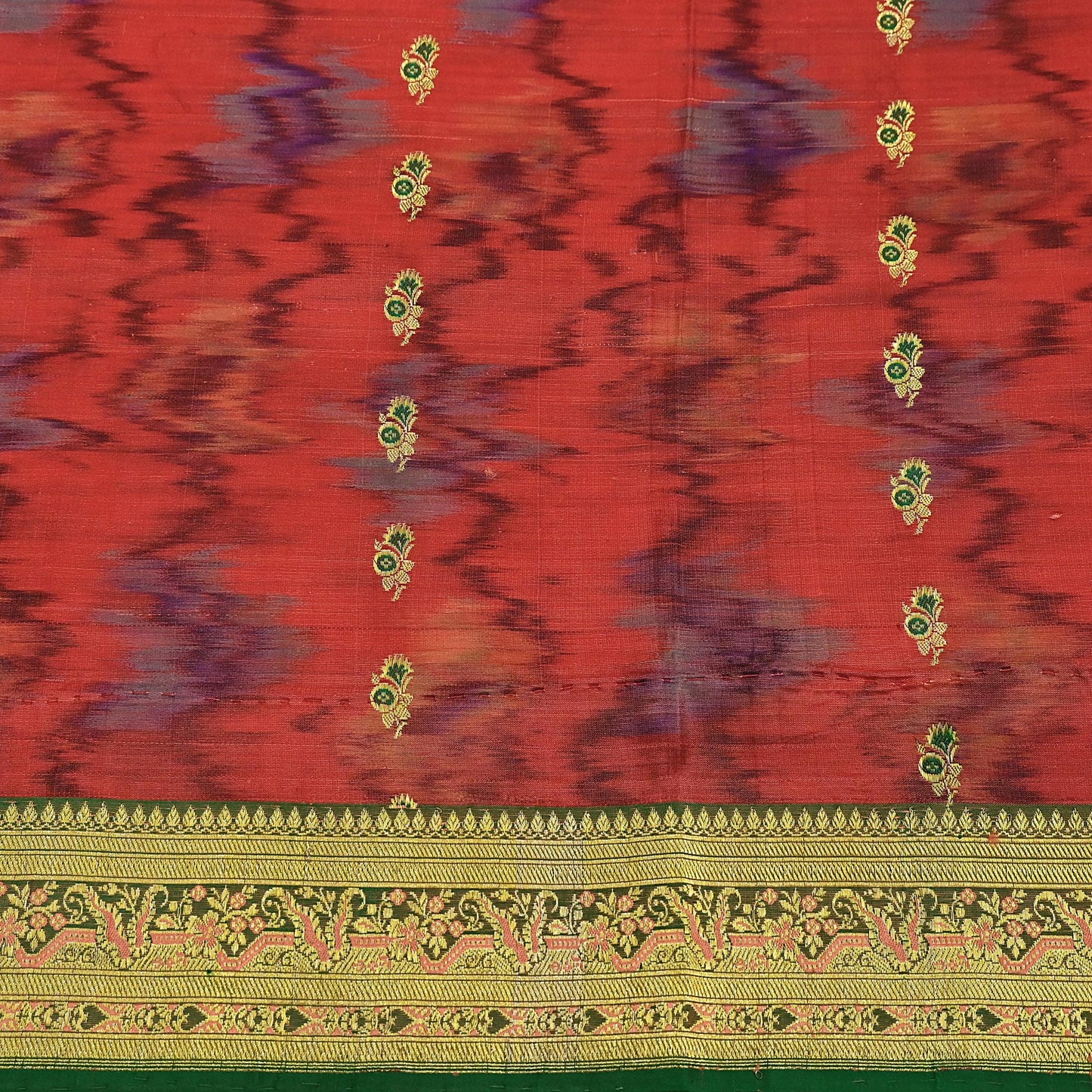 Indian Vintage Green & Orange Heavy Wedding Saree Pure Satin Silk Woven Brocade Banarasi Sarees Sari Fabric Golden Zari 5Yd