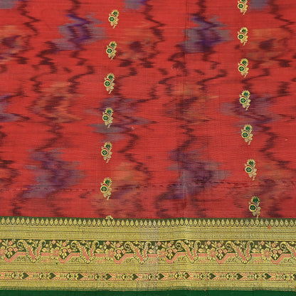 Indian Vintage Green & Orange Heavy Wedding Saree Pure Satin Silk Woven Brocade Banarasi Sarees Sari Fabric Golden Zari 5Yd