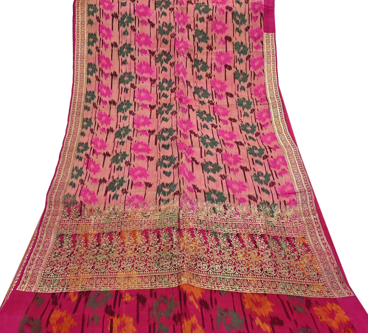 Indian Vintage Multi & Peach Heavy Wedding Saree Pure Satin Silk Woven Brocade Banarasi Sarees Sari Fabric Golden Zari 5Yd
