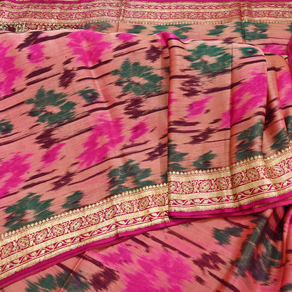 Indian Vintage Multi & Peach Heavy Wedding Saree Pure Satin Silk Woven Brocade Banarasi Sarees Sari Fabric Golden Zari 5Yd