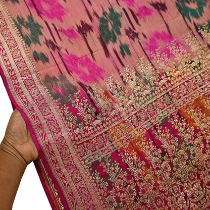 Indian Vintage Multi & Peach Heavy Wedding Saree Pure Satin Silk Woven Brocade Banarasi Sarees Sari Fabric Golden Zari 5Yd