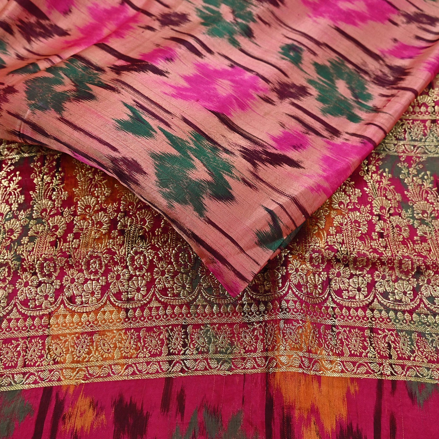 Indian Vintage Multi & Peach Heavy Wedding Saree Pure Satin Silk Woven Brocade Banarasi Sarees Sari Fabric Golden Zari 5Yd