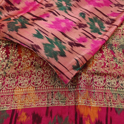 Indian Vintage Multi & Peach Heavy Wedding Saree Pure Satin Silk Woven Brocade Banarasi Sarees Sari Fabric Golden Zari 5Yd