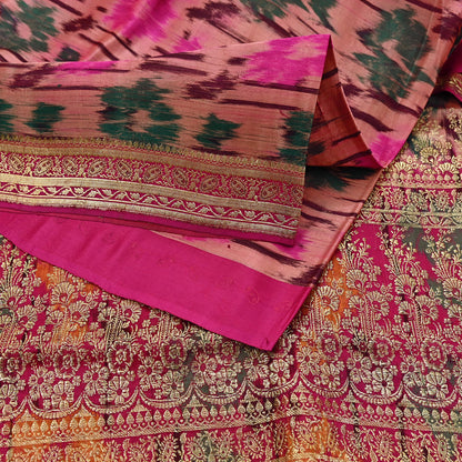 Indian Vintage Multi & Peach Heavy Wedding Saree Pure Satin Silk Woven Brocade Banarasi Sarees Sari Fabric Golden Zari 5Yd
