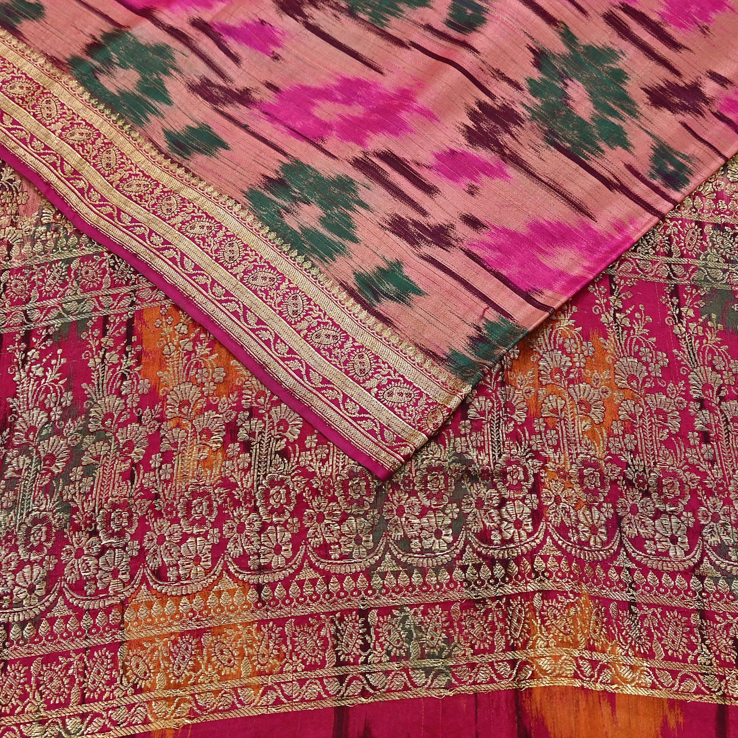 Indian Vintage Multi & Peach Heavy Wedding Saree Pure Satin Silk Woven Brocade Banarasi Sarees Sari Fabric Golden Zari 5Yd
