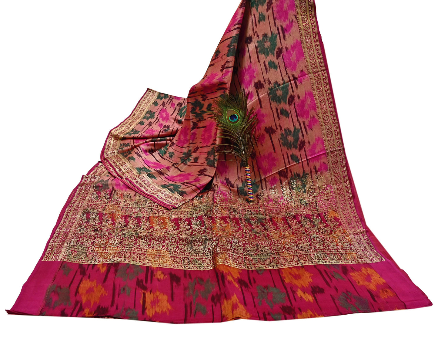Indian Vintage Multi & Peach Heavy Wedding Saree Pure Satin Silk Woven Brocade Banarasi Sarees Sari Fabric Golden Zari 5Yd