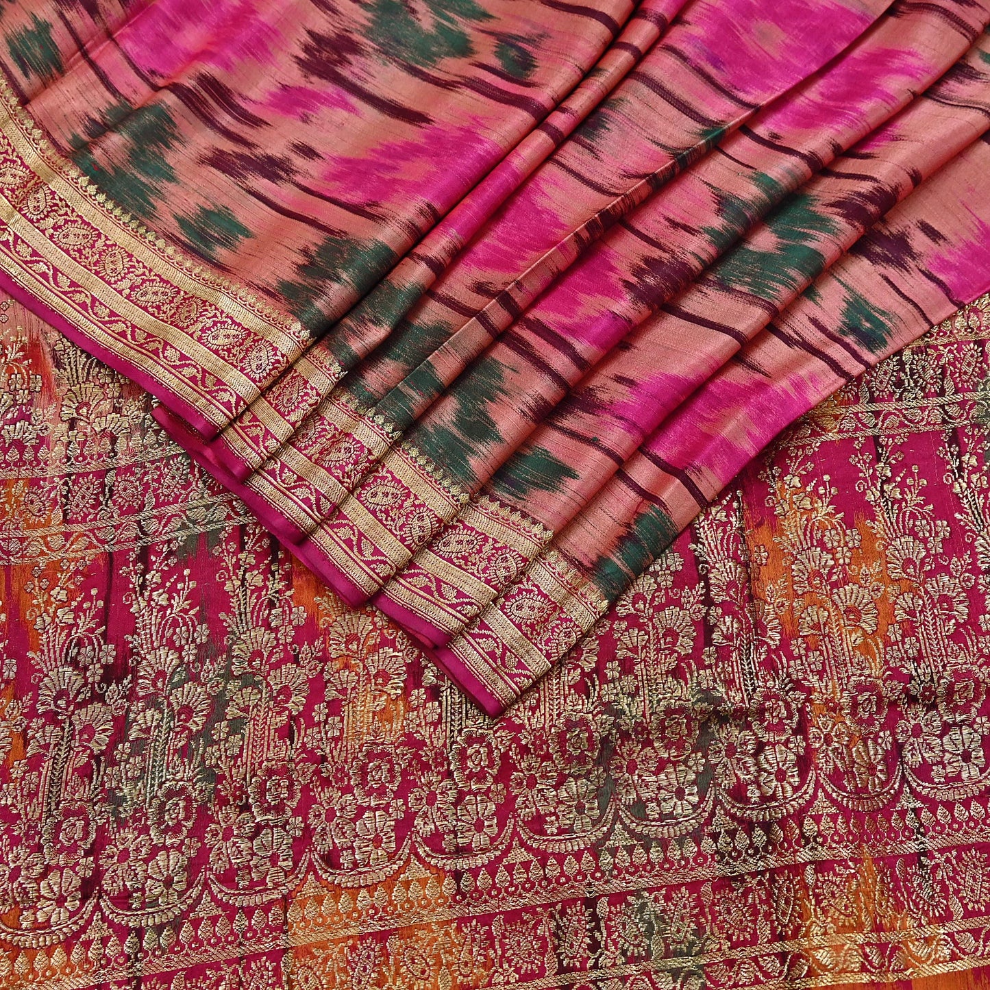 Indian Vintage Multi & Peach Heavy Wedding Saree Pure Satin Silk Woven Brocade Banarasi Sarees Sari Fabric Golden Zari 5Yd
