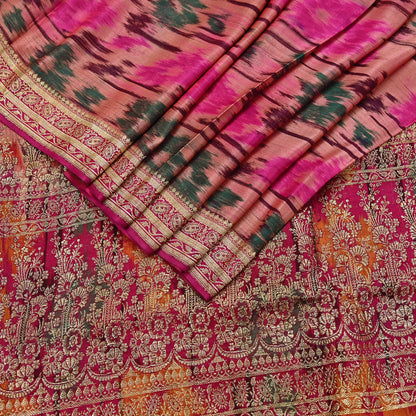 Indian Vintage Multi & Peach Heavy Wedding Saree Pure Satin Silk Woven Brocade Banarasi Sarees Sari Fabric Golden Zari 5Yd