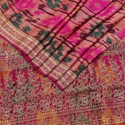 Indian Vintage Multi & Peach Heavy Wedding Saree Pure Satin Silk Woven Brocade Banarasi Sarees Sari Fabric Golden Zari 5Yd