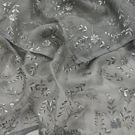 Indian Vintage Gray Pure orange Silk Dupatta Organza Long Stole hand painted Scarves Veil Soft Floral Design Wrap Boho Party wear
