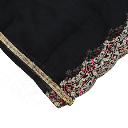 Indian Vintage Black Dupatta Organza Long Stole Embroidered Scarves Veil Soft Floral Design Wrap Boho Party wear
