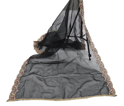 Indian Vintage Black Dupatta Organza Long Stole Embroidered Scarves Veil Soft Floral Design Wrap Boho Party wear
