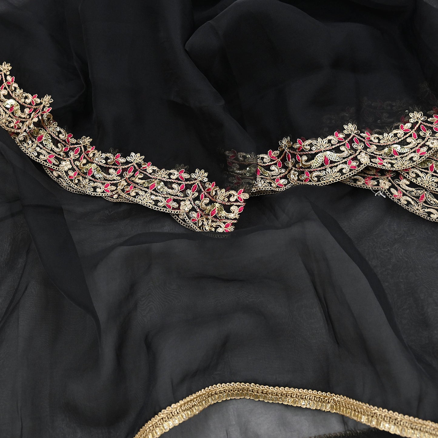 Indian Vintage Black Dupatta Organza Long Stole Embroidered Scarves Veil Soft Floral Design Wrap Boho Party wear