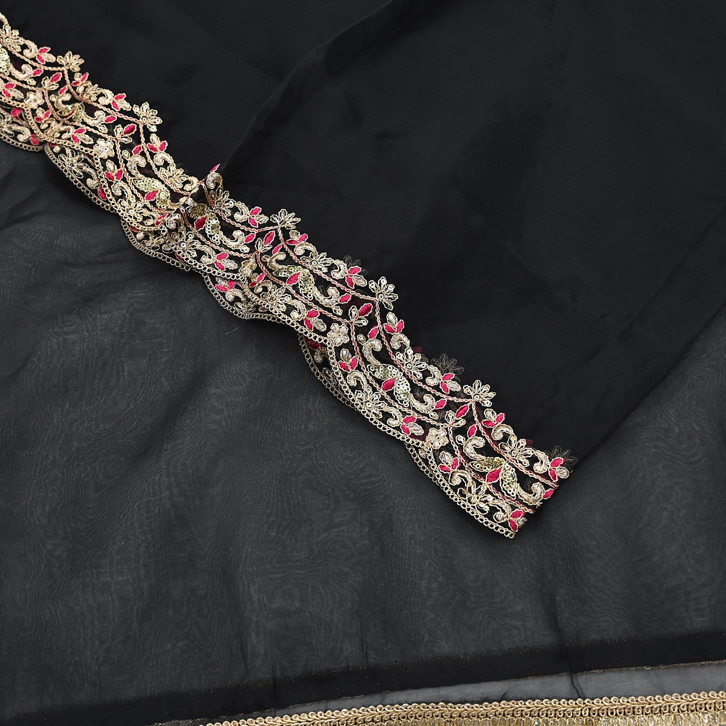 Indian Vintage Black Dupatta Organza Long Stole Embroidered Scarves Veil Soft Floral Design Wrap Boho Party wear