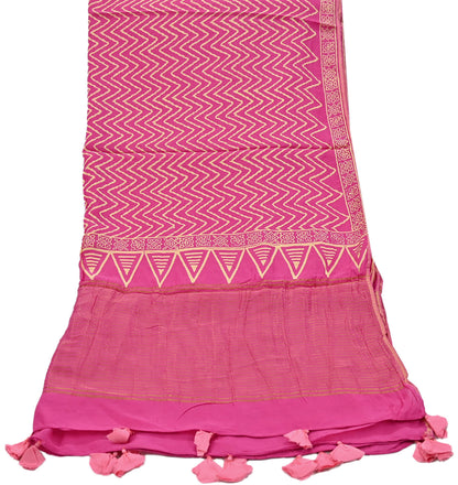 Indian Vintage PInk Dupatta Long Stole Woven Pure Cotton Indian Scarves Veil Golden Zari Soft Fringes