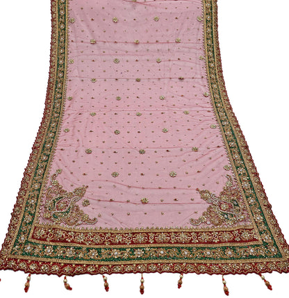 Indian Vintage Heavy Bridal Red Dupatta Net Mesh Long Stole Hand Embroidered Scarves Golden Zardozi Dabka Zari Sequins Wedding Veil Hijab