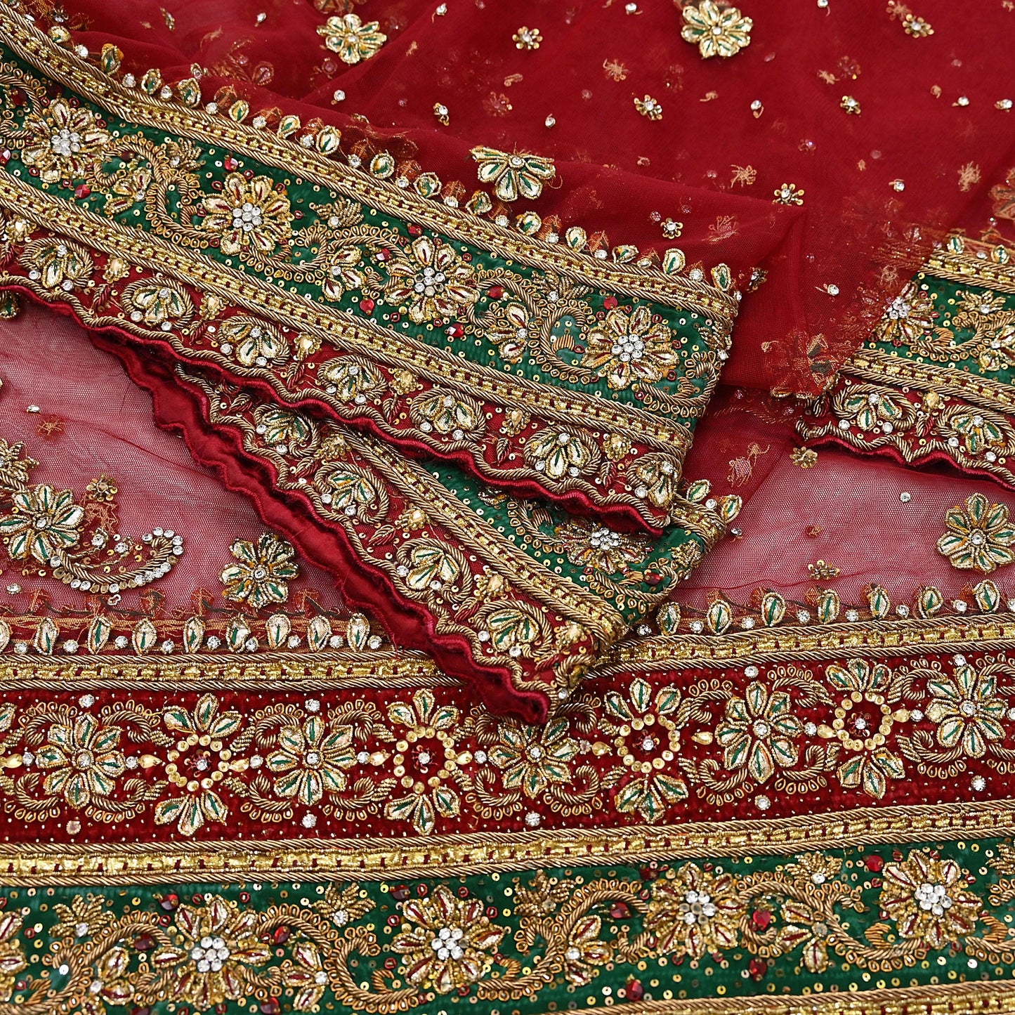 Indian Vintage Heavy Bridal Red Dupatta Net Mesh Long Stole Hand Embroidered Scarves Golden Zardozi Dabka Zari Sequins Wedding Veil Hijab