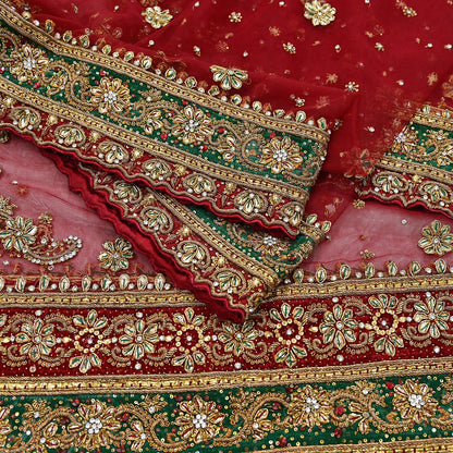 Indian Vintage Heavy Bridal Red Dupatta Net Mesh Long Stole Hand Embroidered Scarves Golden Zardozi Dabka Zari Sequins Wedding Veil Hijab