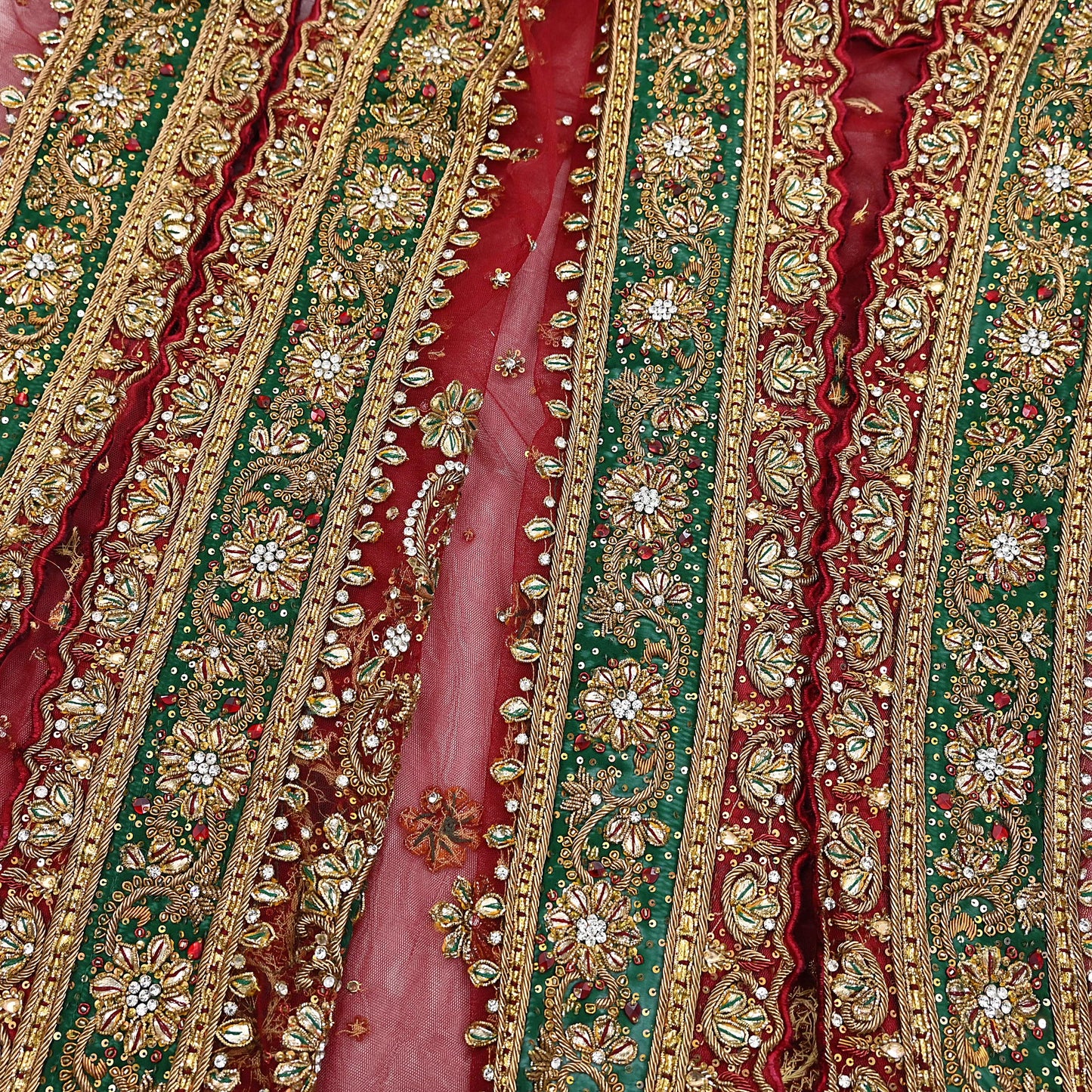 Indian Vintage Heavy Bridal Red Dupatta Net Mesh Long Stole Hand Embroidered Scarves Golden Zardozi Dabka Zari Sequins Wedding Veil Hijab