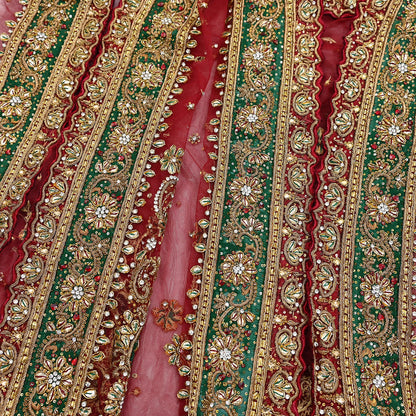 Indian Vintage Heavy Bridal Red Dupatta Net Mesh Long Stole Hand Embroidered Scarves Golden Zardozi Dabka Zari Sequins Wedding Veil Hijab