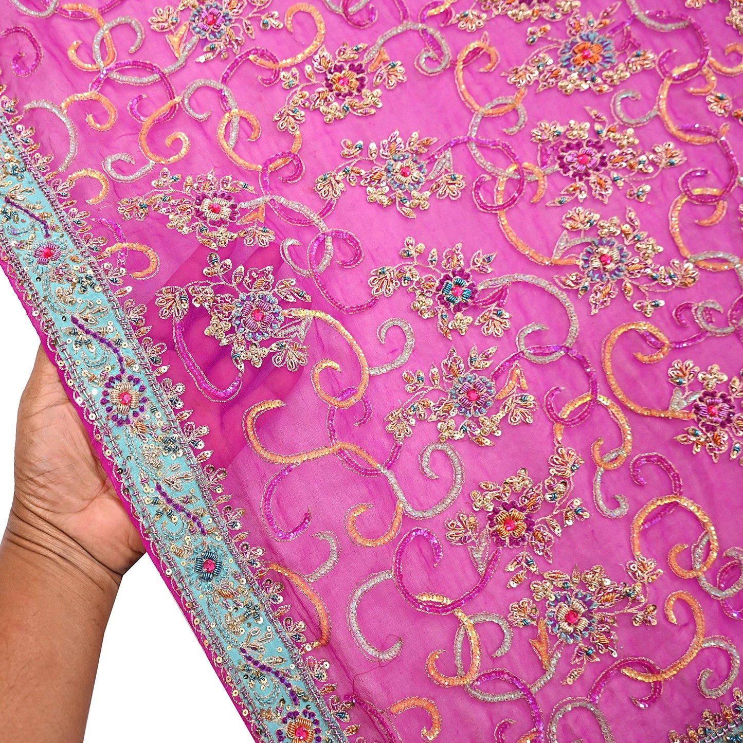 Indian Vintage Heavy Bridal Rani Pink Dupatta Pure Georgette Silk Long Stole Hand Embroidered Scarf Zardozi/Dabka Wedding red Hijab veil