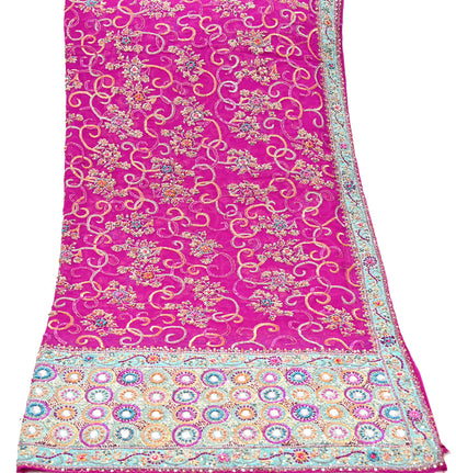 Indian Vintage Heavy Bridal Rani Pink Dupatta Pure Georgette Silk Long Stole Hand Embroidered Scarf Zardozi/Dabka Wedding red Hijab veil