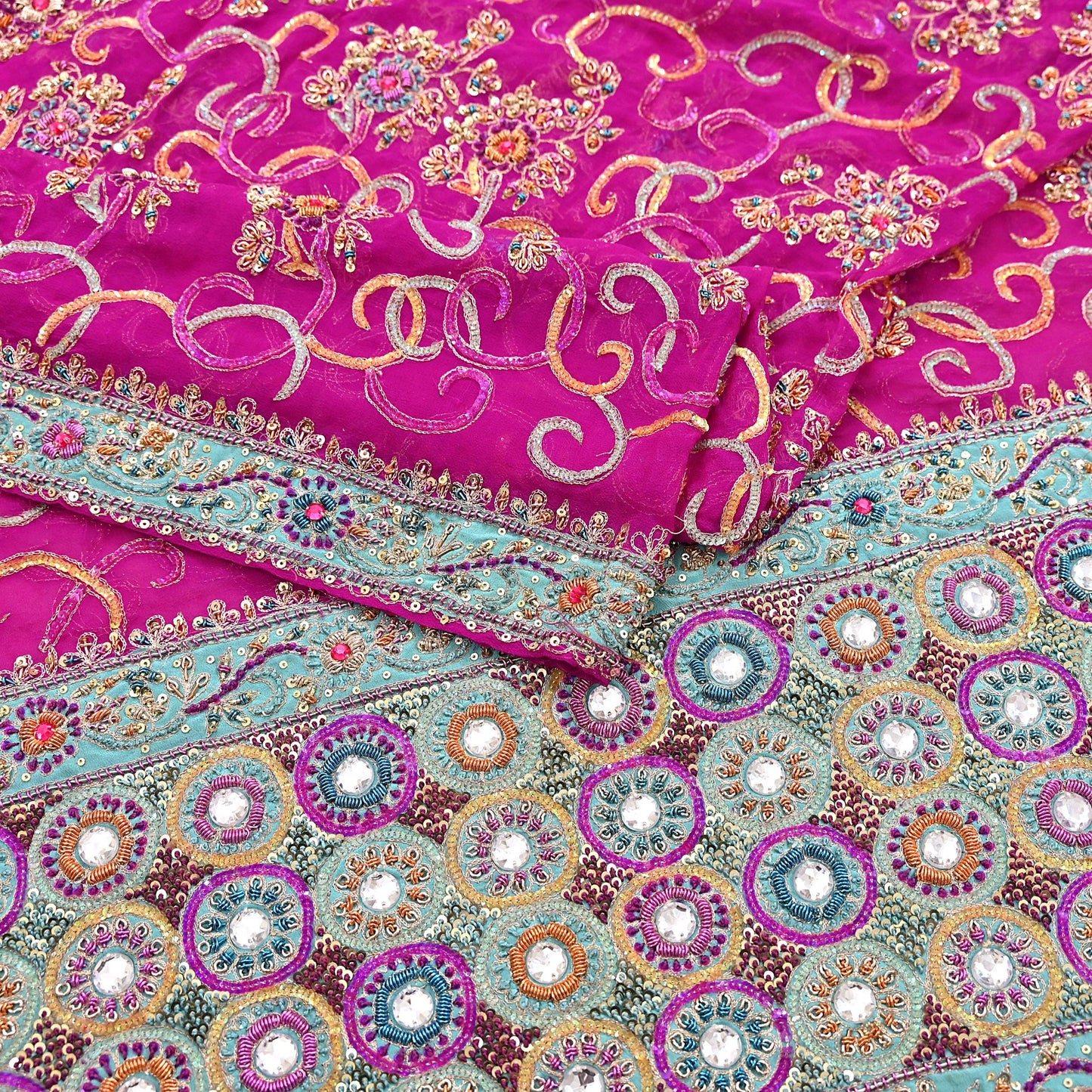 Indian Vintage Heavy Bridal Rani Pink Dupatta Pure Georgette Silk Long Stole Hand Embroidered Scarf Zardozi/Dabka Wedding red Hijab veil