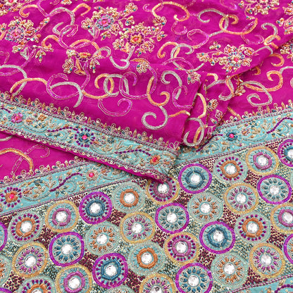 Indian Vintage Heavy Bridal Rani Pink Dupatta Pure Georgette Silk Long Stole Hand Embroidered Scarf Zardozi/Dabka Wedding red Hijab veil