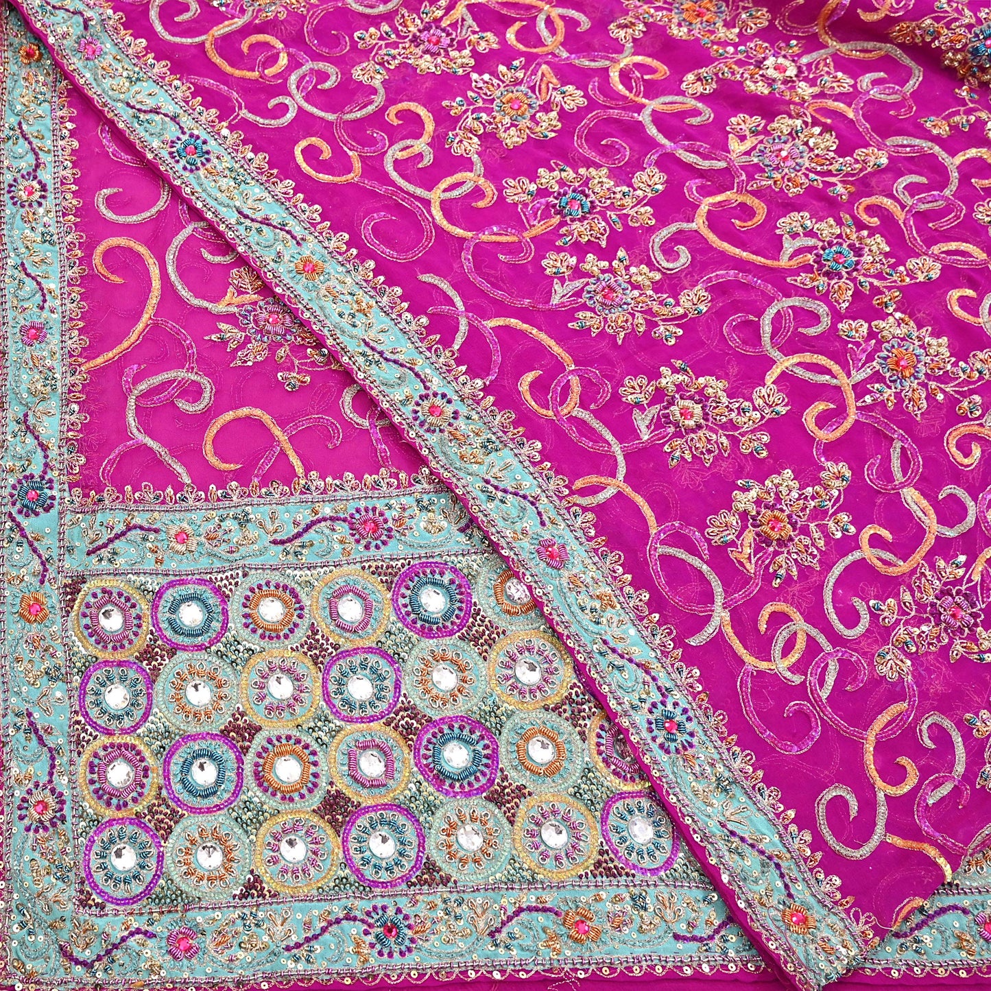 Indian Vintage Heavy Bridal Rani Pink Dupatta Pure Georgette Silk Long Stole Hand Embroidered Scarf Zardozi/Dabka Wedding red Hijab veil