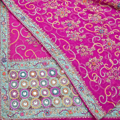 Indian Vintage Heavy Bridal Rani Pink Dupatta Pure Georgette Silk Long Stole Hand Embroidered Scarf Zardozi/Dabka Wedding red Hijab veil