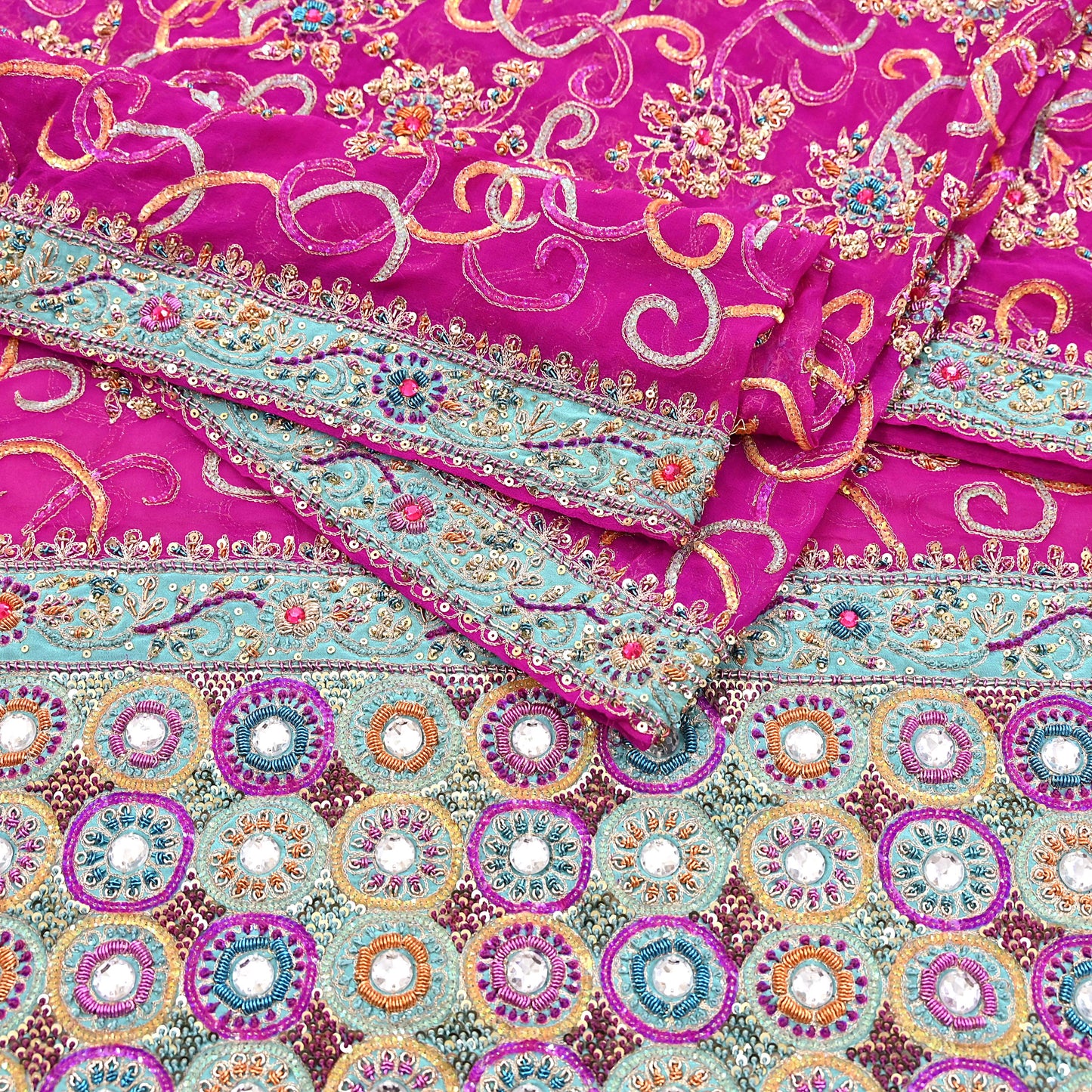 Indian Vintage Heavy Bridal Rani Pink Dupatta Pure Georgette Silk Long Stole Hand Embroidered Scarf Zardozi/Dabka Wedding red Hijab veil