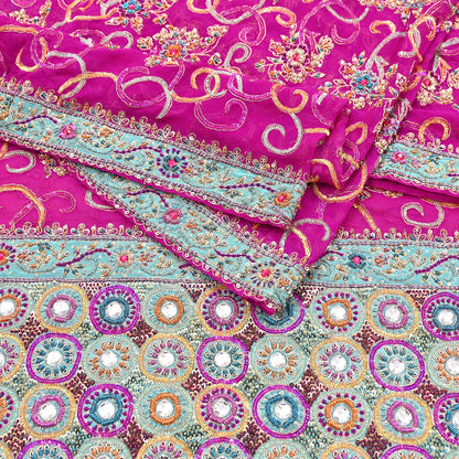 Indian Vintage Heavy Bridal Rani Pink Dupatta Pure Georgette Silk Long Stole Hand Embroidered Scarf Zardozi/Dabka Wedding red Hijab veil