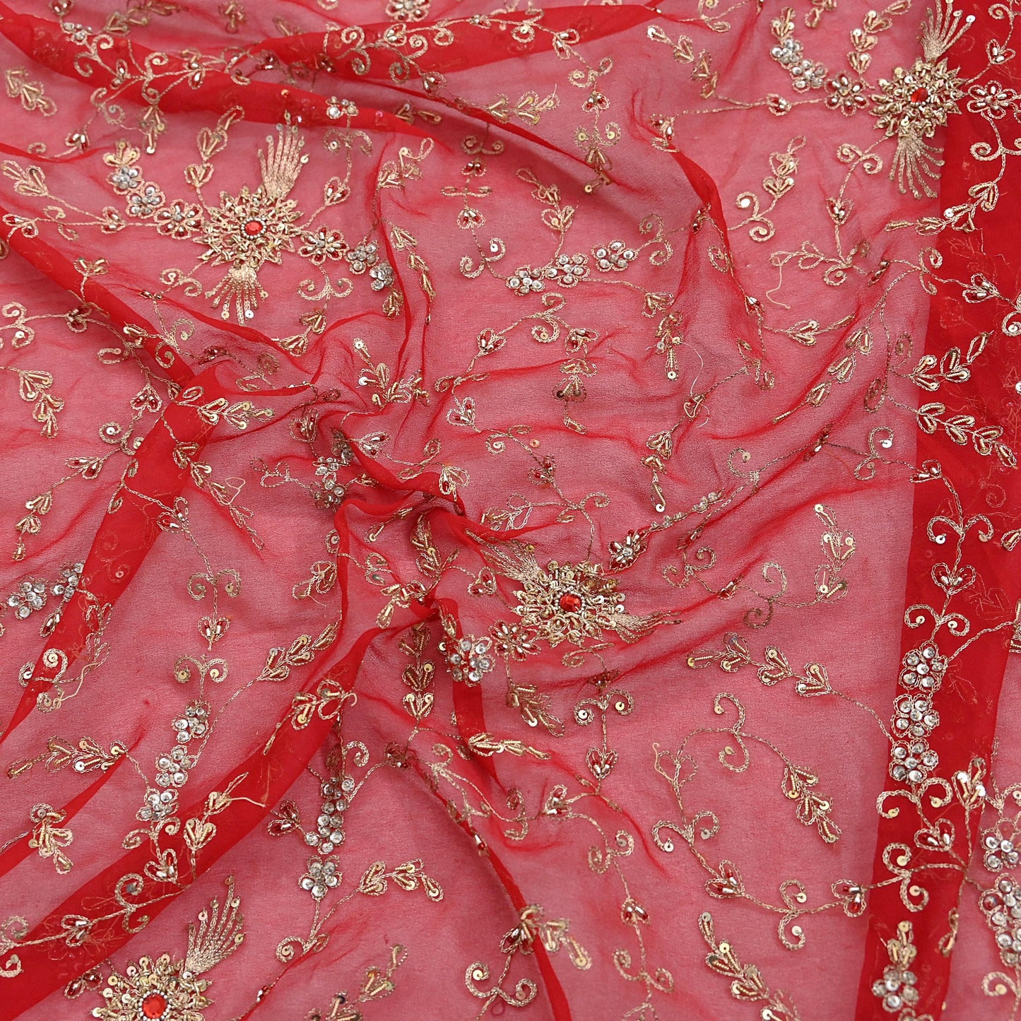 Indian Vintage Heavy Bridal Tomato Red Dupatta Pure Georgette Silk Long Stole Hand Embroidered Scarf Zardozi/Dabka Wedding red Hijab veil