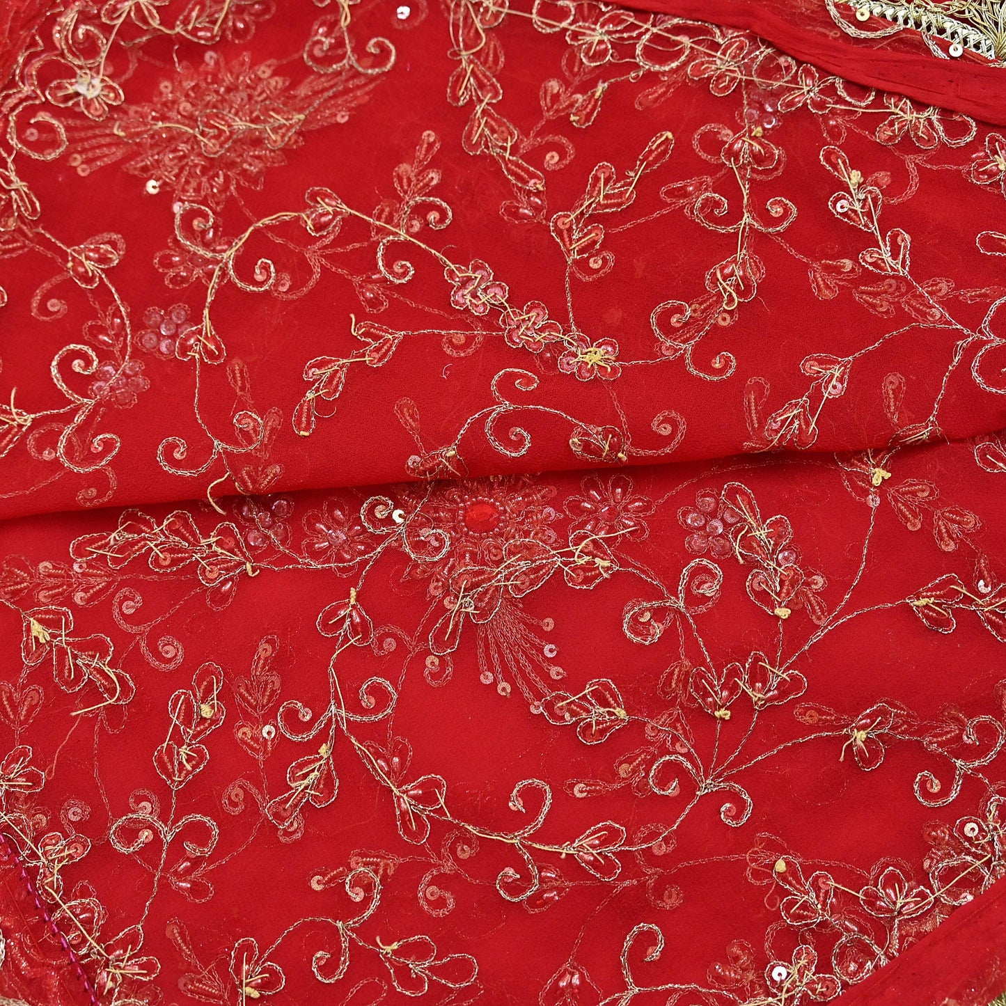 Indian Vintage Heavy Bridal Tomato Red Dupatta Pure Georgette Silk Long Stole Hand Embroidered Scarf Zardozi/Dabka Wedding red Hijab veil