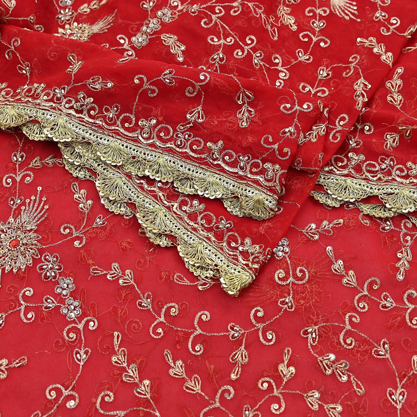 Indian Vintage Heavy Bridal Tomato Red Dupatta Pure Georgette Silk Long Stole Hand Embroidered Scarf Zardozi/Dabka Wedding red Hijab veil