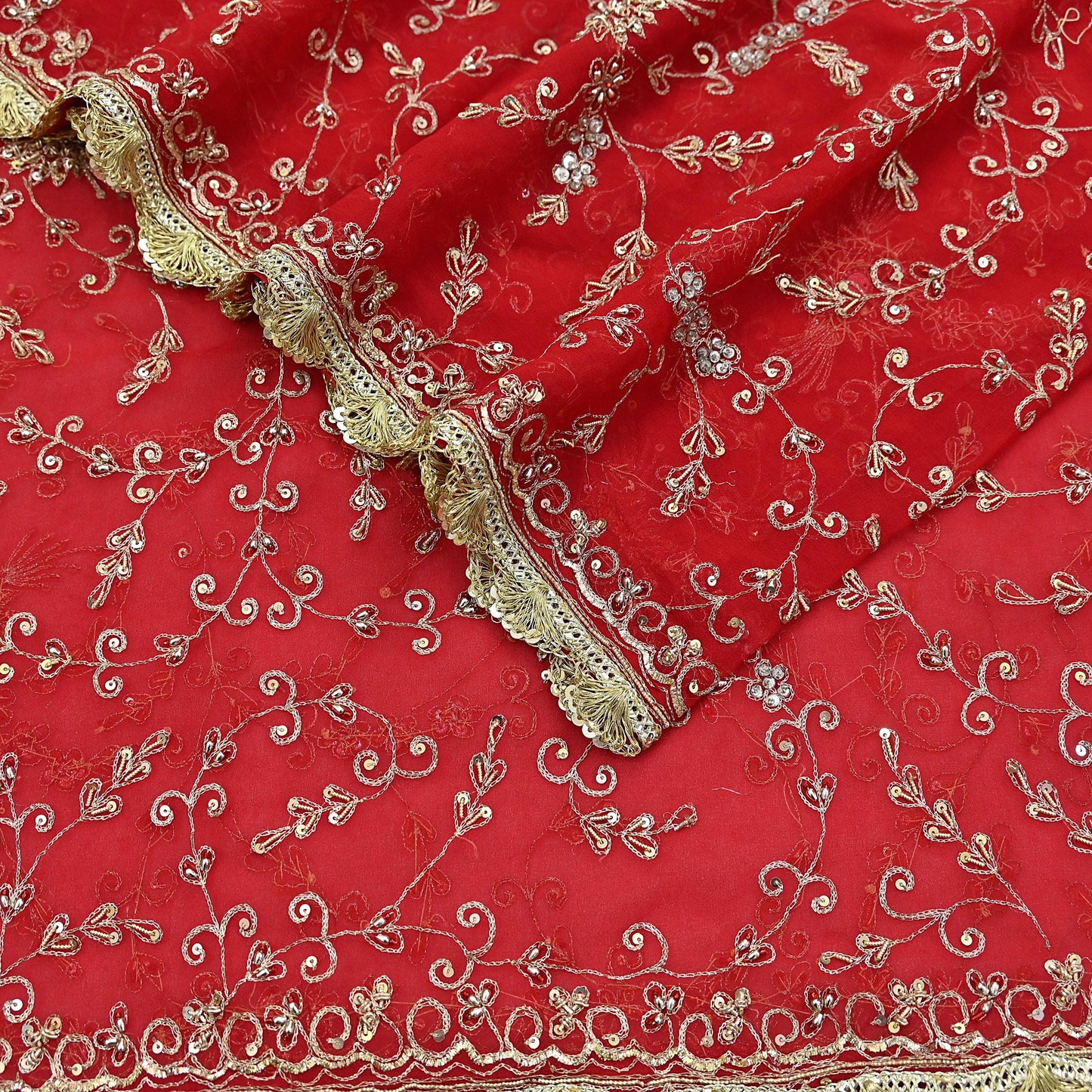 Indian Vintage Heavy Bridal Tomato Red Dupatta Pure Georgette Silk Long Stole Hand Embroidered Scarf Zardozi/Dabka Wedding red Hijab veil