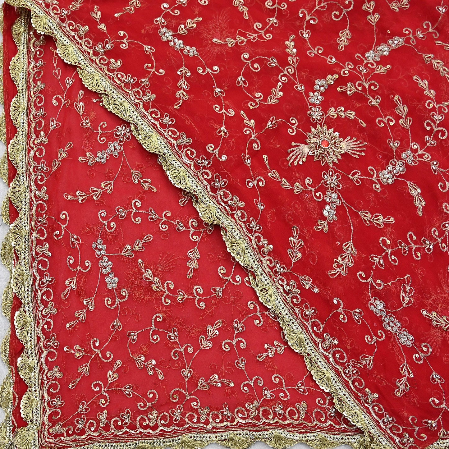 Indian Vintage Heavy Bridal Tomato Red Dupatta Pure Georgette Silk Long Stole Hand Embroidered Scarf Zardozi/Dabka Wedding red Hijab veil