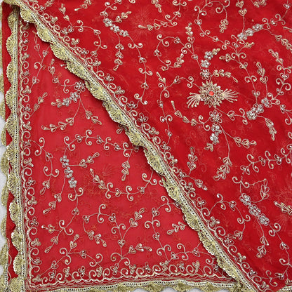 Indian Vintage Heavy Bridal Tomato Red Dupatta Pure Georgette Silk Long Stole Hand Embroidered Scarf Zardozi/Dabka Wedding red Hijab veil