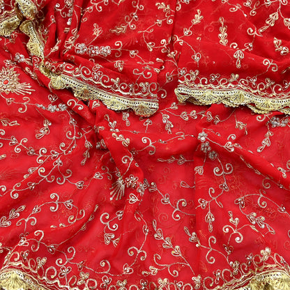 Indian Vintage Heavy Bridal Tomato Red Dupatta Pure Georgette Silk Long Stole Hand Embroidered Scarf Zardozi/Dabka Wedding red Hijab veil