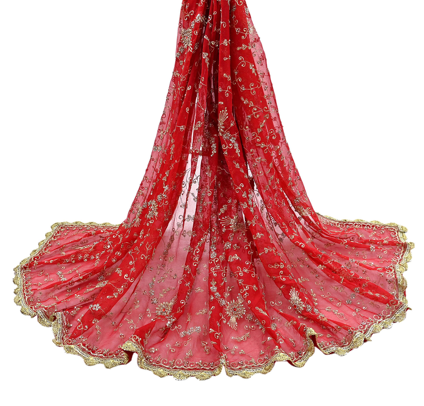 Indian Vintage Heavy Bridal Tomato Red Dupatta Pure Georgette Silk Long Stole Hand Embroidered Scarf Zardozi/Dabka Wedding red Hijab veil